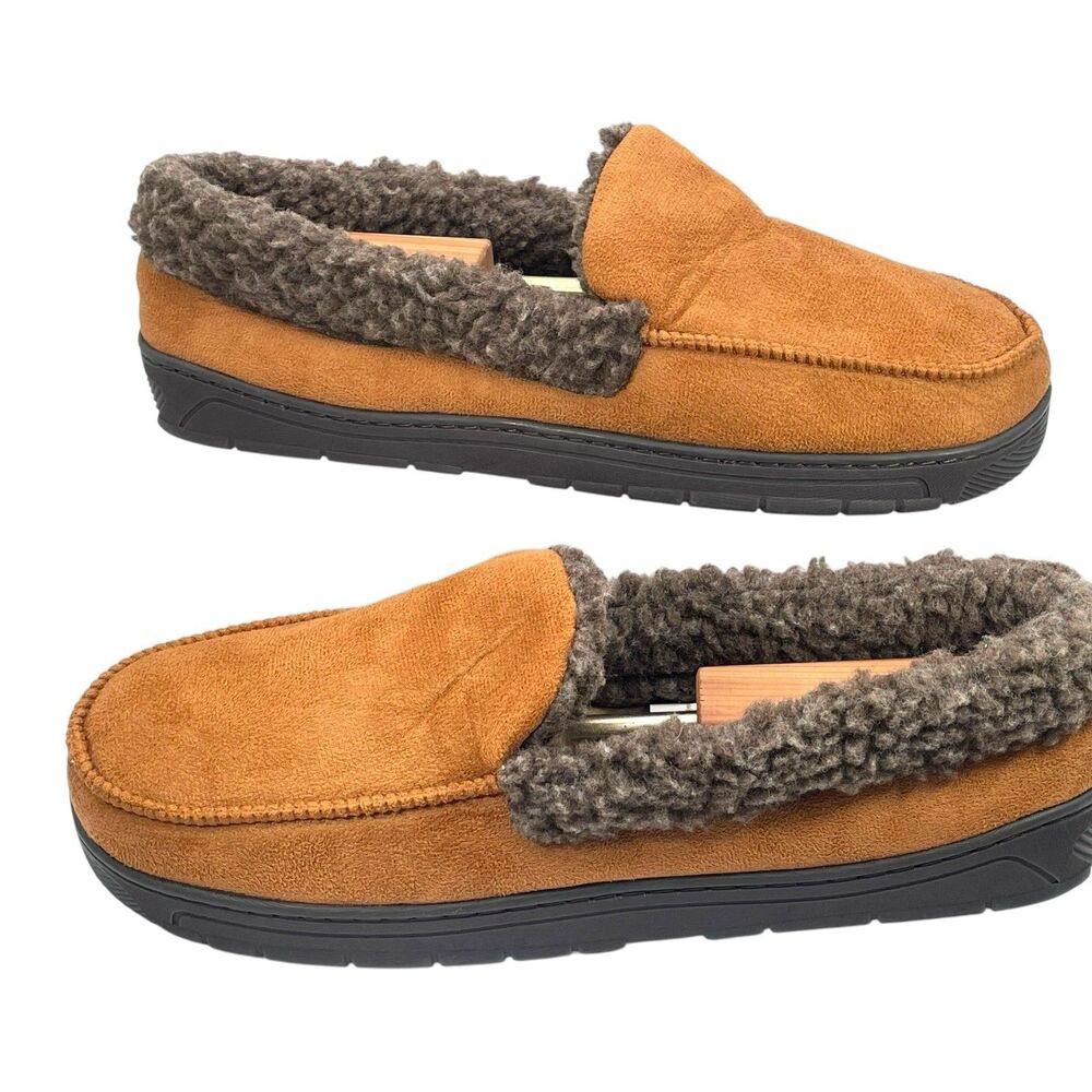 Men’s Brown Faux Suede Sherpa Lined Slippers House Shoes Size 13